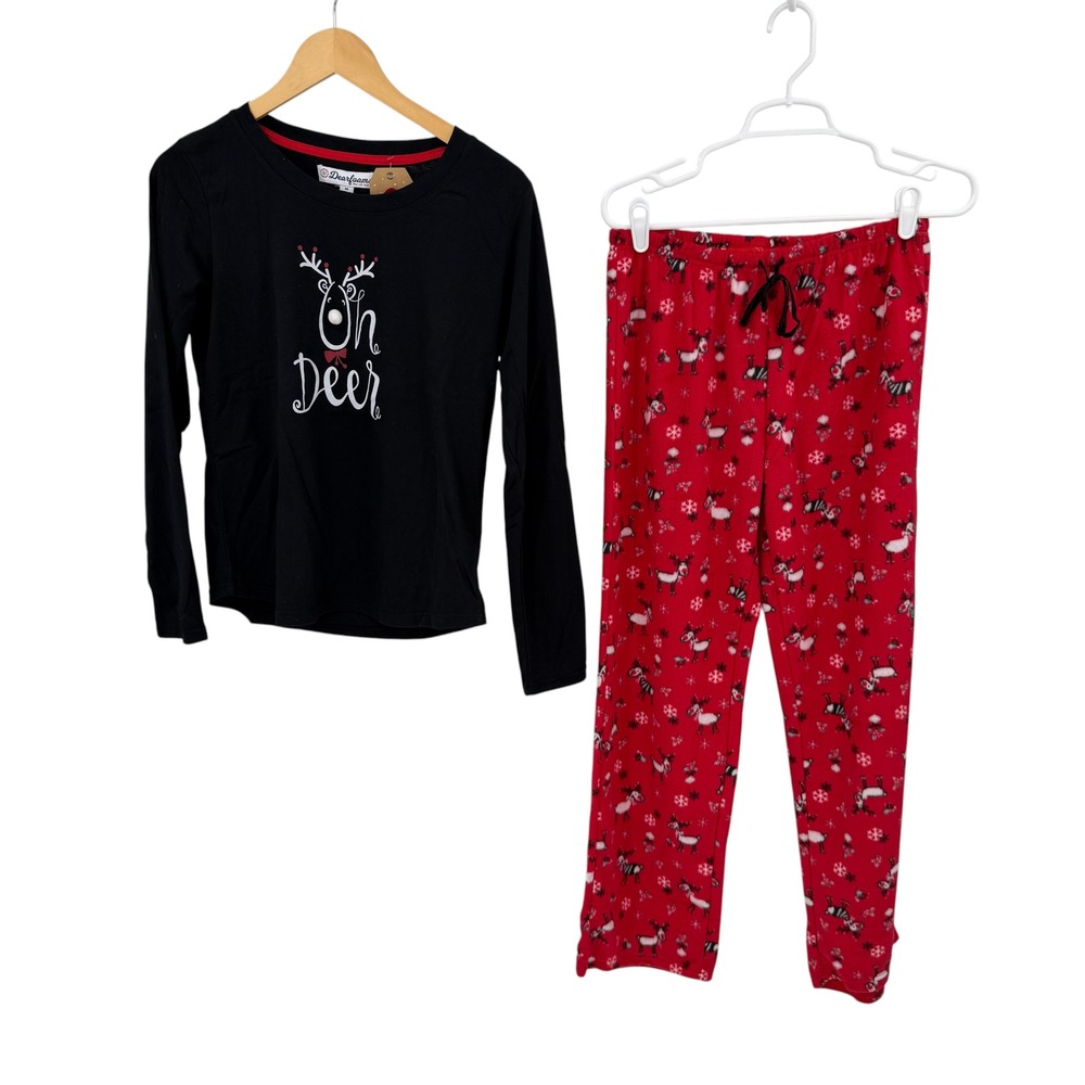 NWT Dearfoams Pajama Set Women Med Red Black Oh Deer Reindeer Holiday Sleepwear